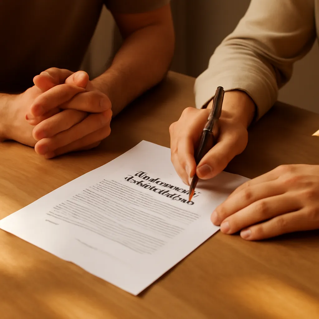 Couple consultant un contrat d'assurance annulation pour leur mariage à l'étranger