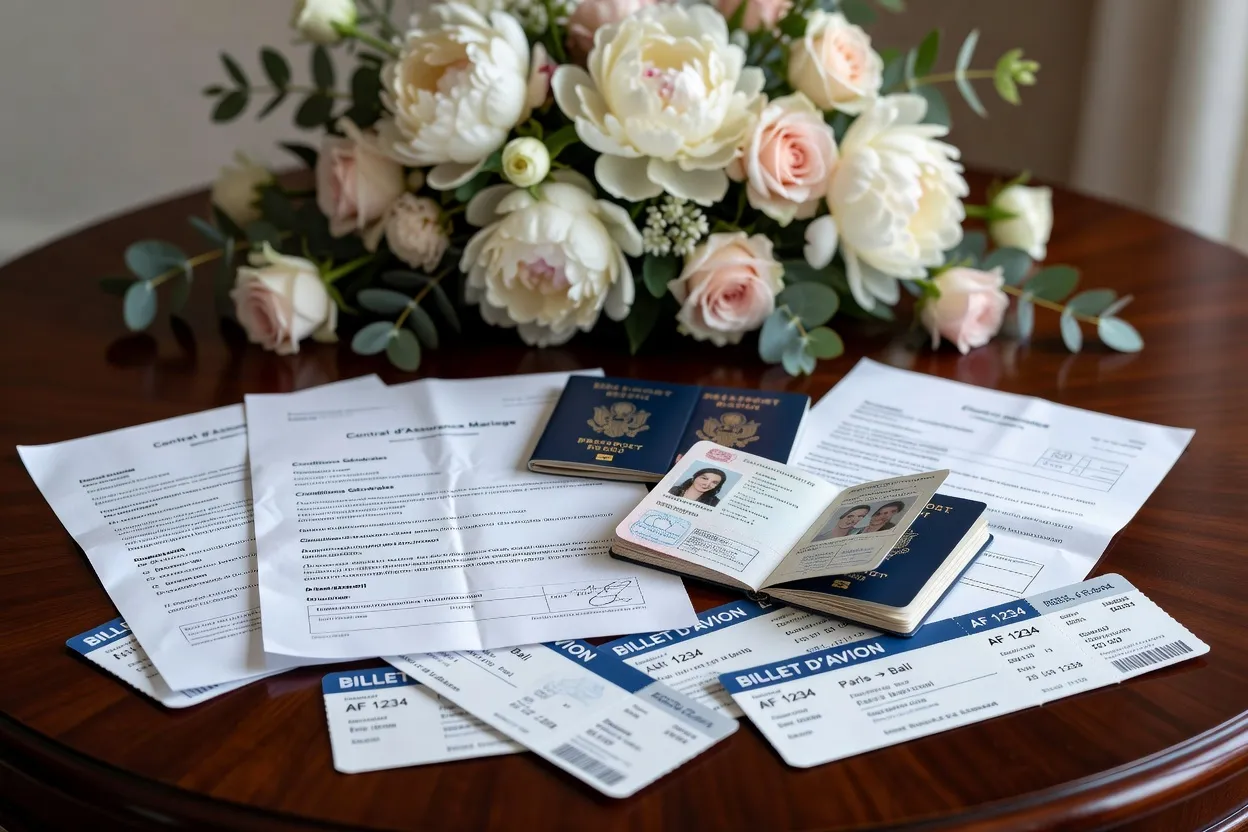Valise de mariée avec robe protégée et étiquette d'assurance bagages