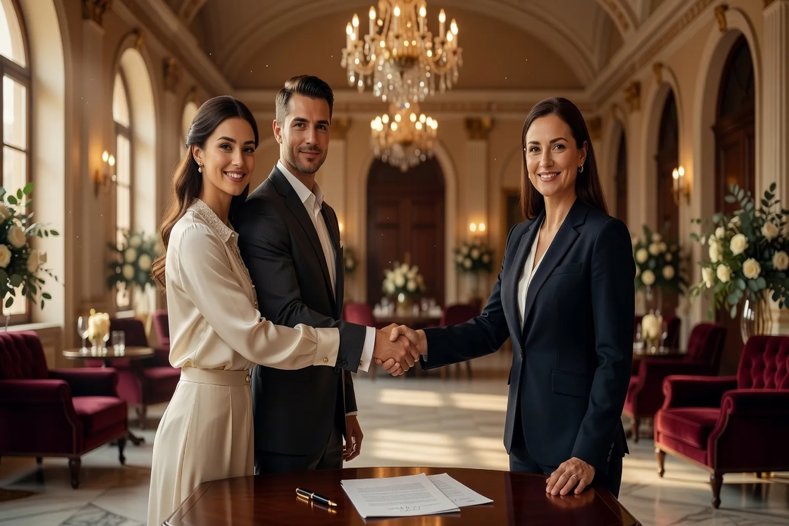 Poignée de main entre un couple et un prestataire de mariage à l'étranger après négociation du contrat