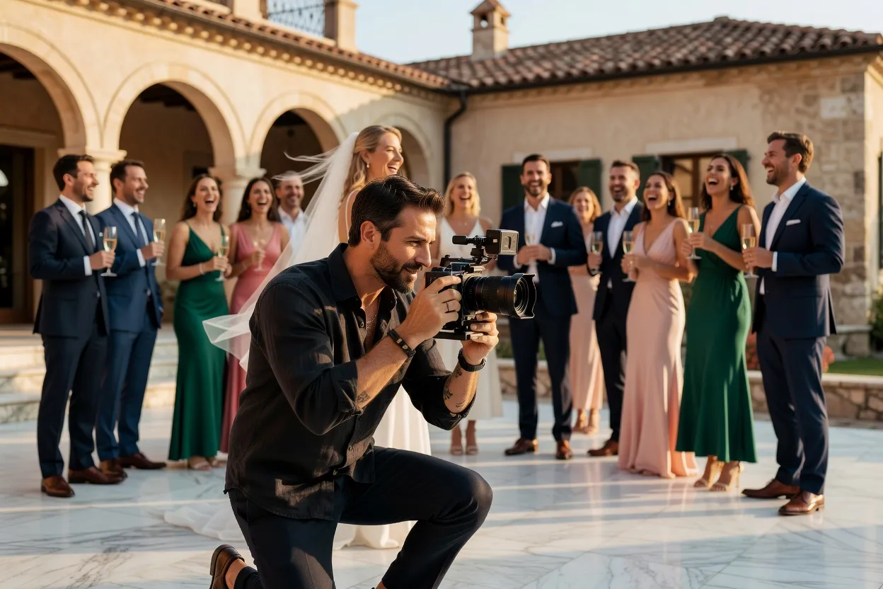 Photographe et vidéaste préparant leur matériel avant un mariage à l'étranger