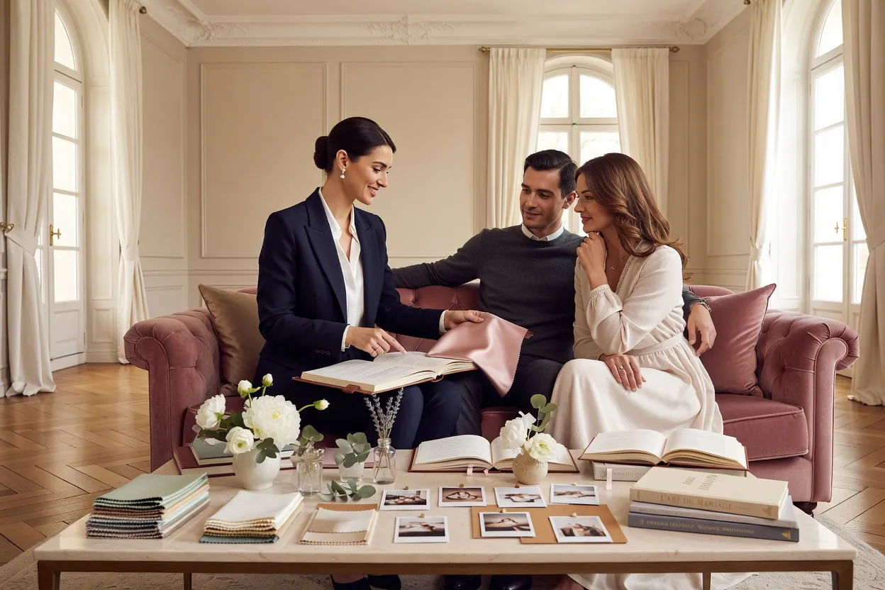 Wedding planner Camille Ferrand en réunion de préparation avec des futurs mariés