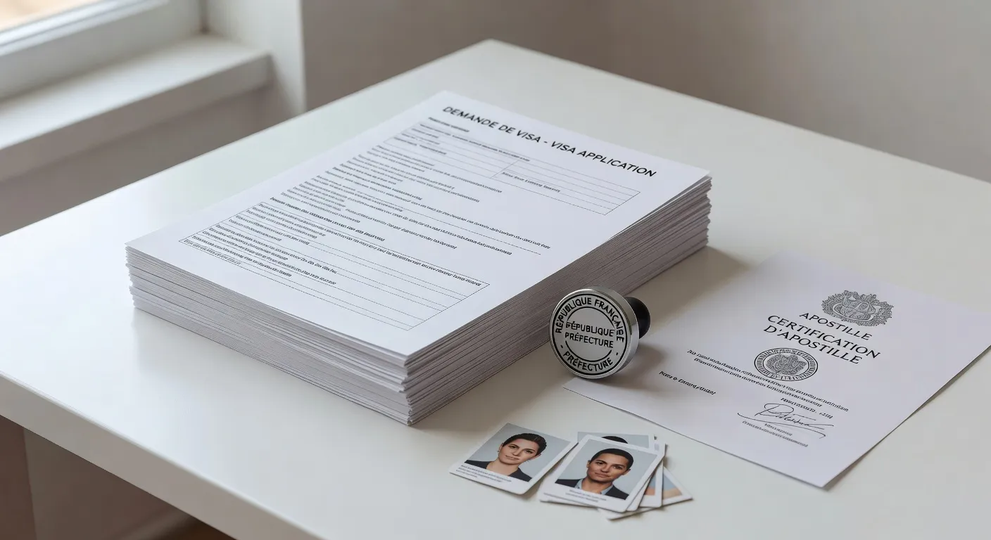 Documents officiels empilés avec tampons d'ambassade et apostille
