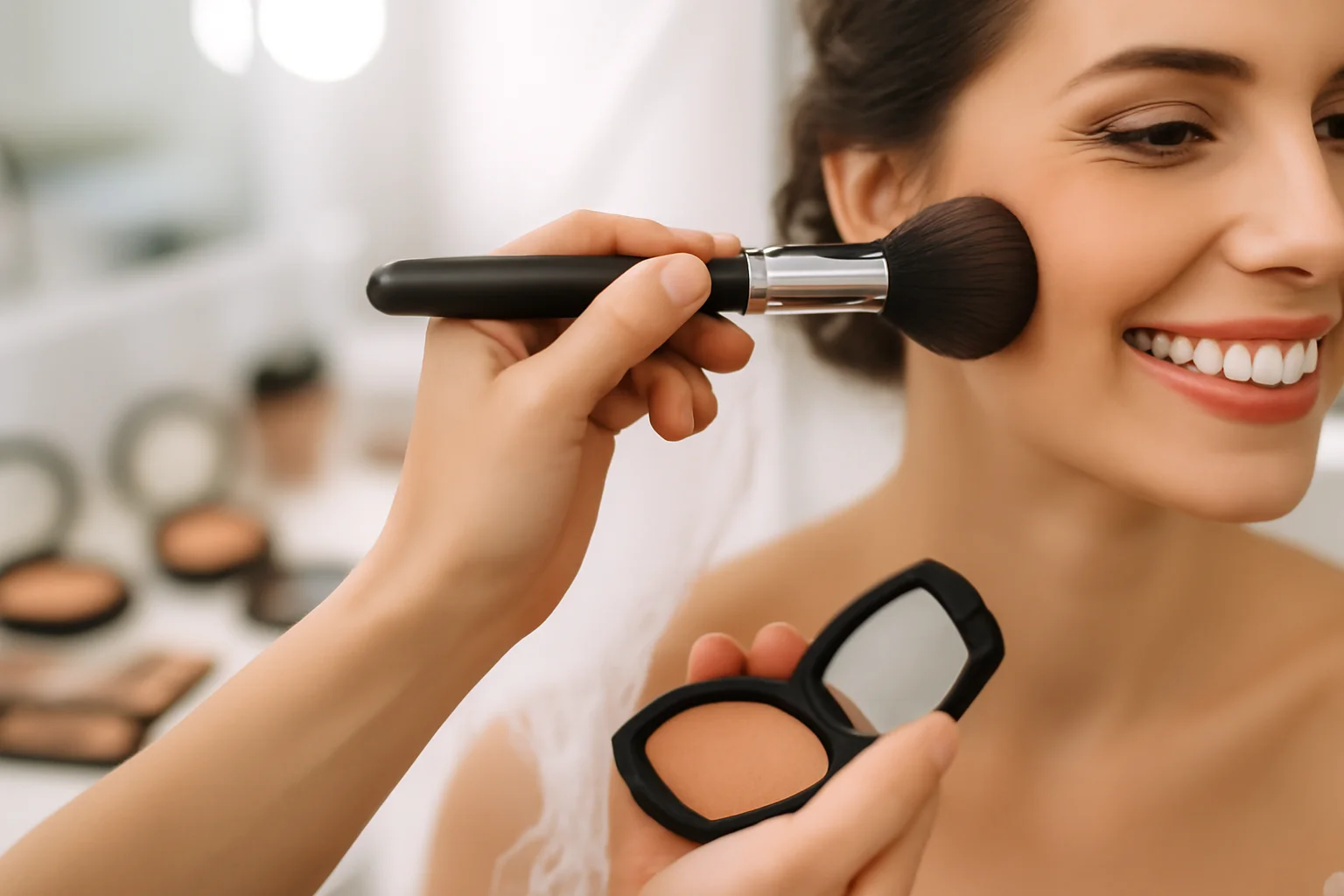 Maquilleuse appliquant le blush sur la joue d'une mariée souriante lors d'un essai maquillage