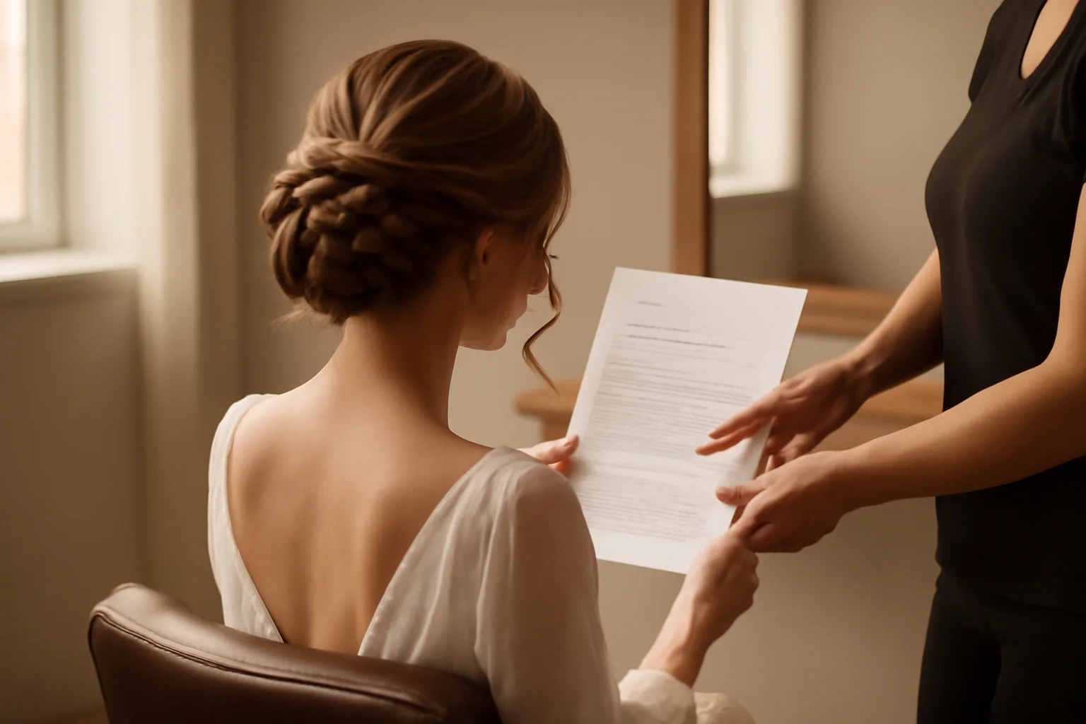 Mariée de dos examinant un devis de prestation beauté avec sa coiffeuse dans un salon