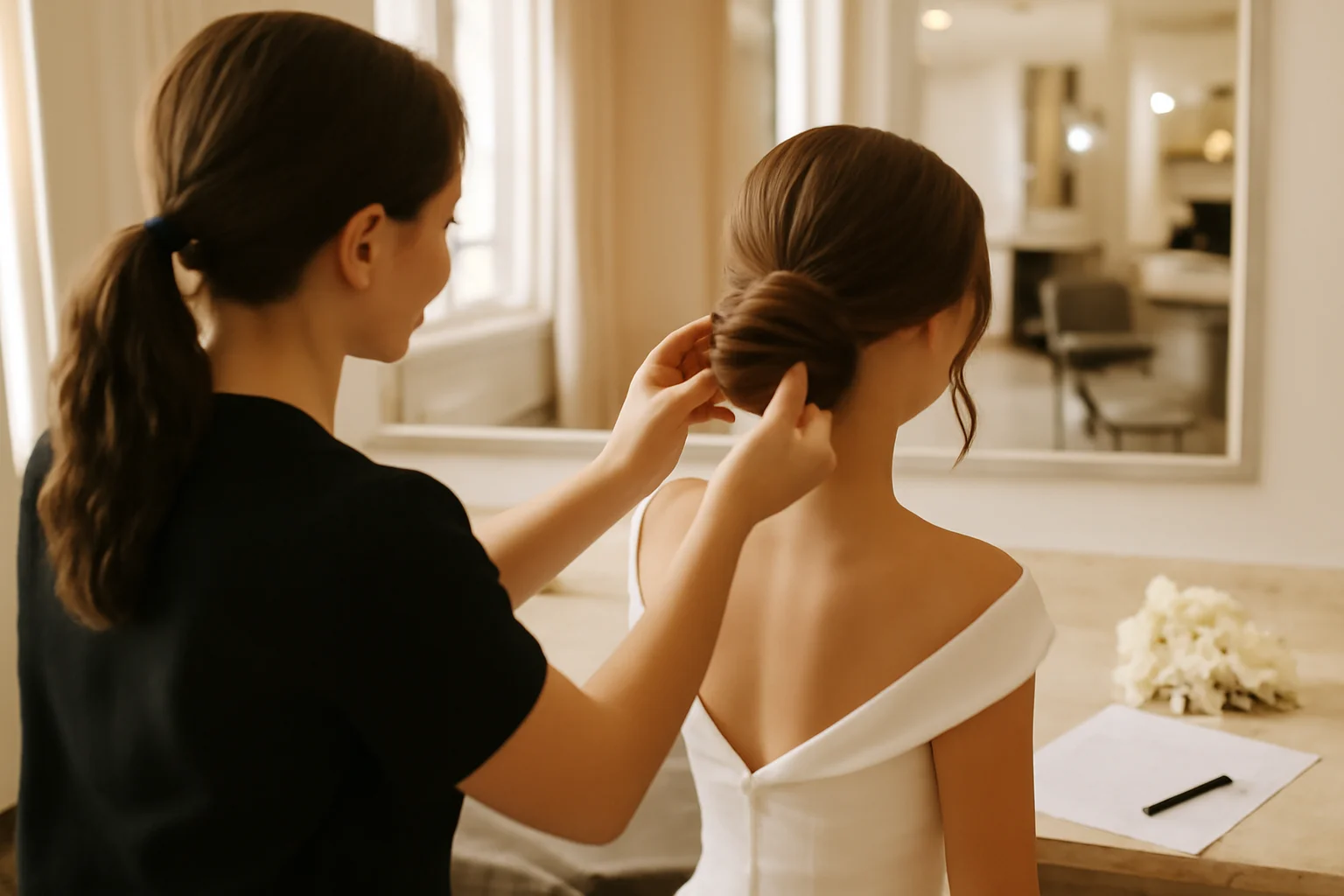 Coiffeuse realisant un chignon de mariee dans un salon lumineux