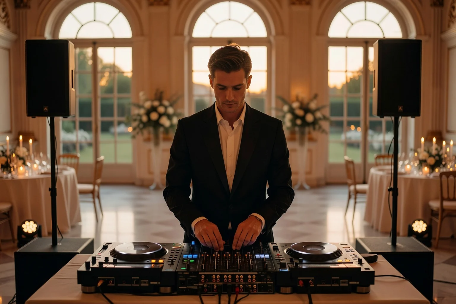 DJ de mariage aux commandes de sa console pendant l'ouverture de bal, invités dansant en arrière-plan