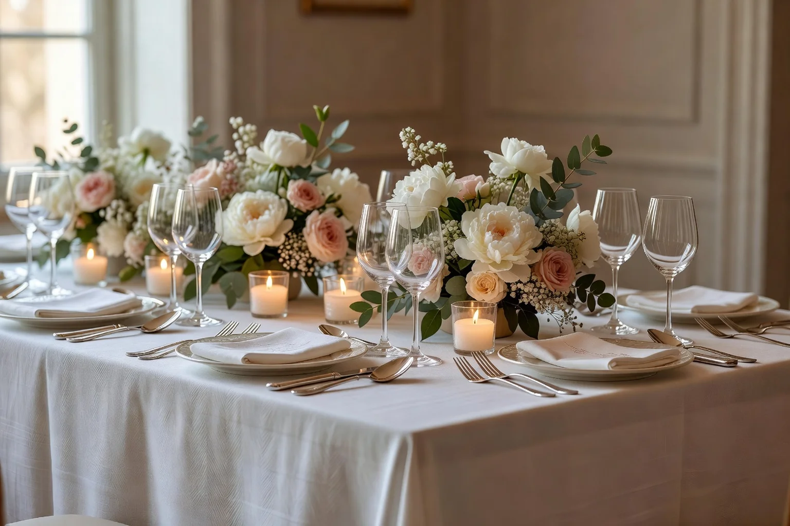 Équipe de service en salle dressant les assiettes lors d'une réception de mariage dans une salle décorée