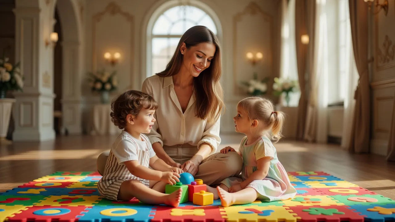 Animatrice jouant avec de jeunes enfants sur un tapis de motricité pendant un mariage