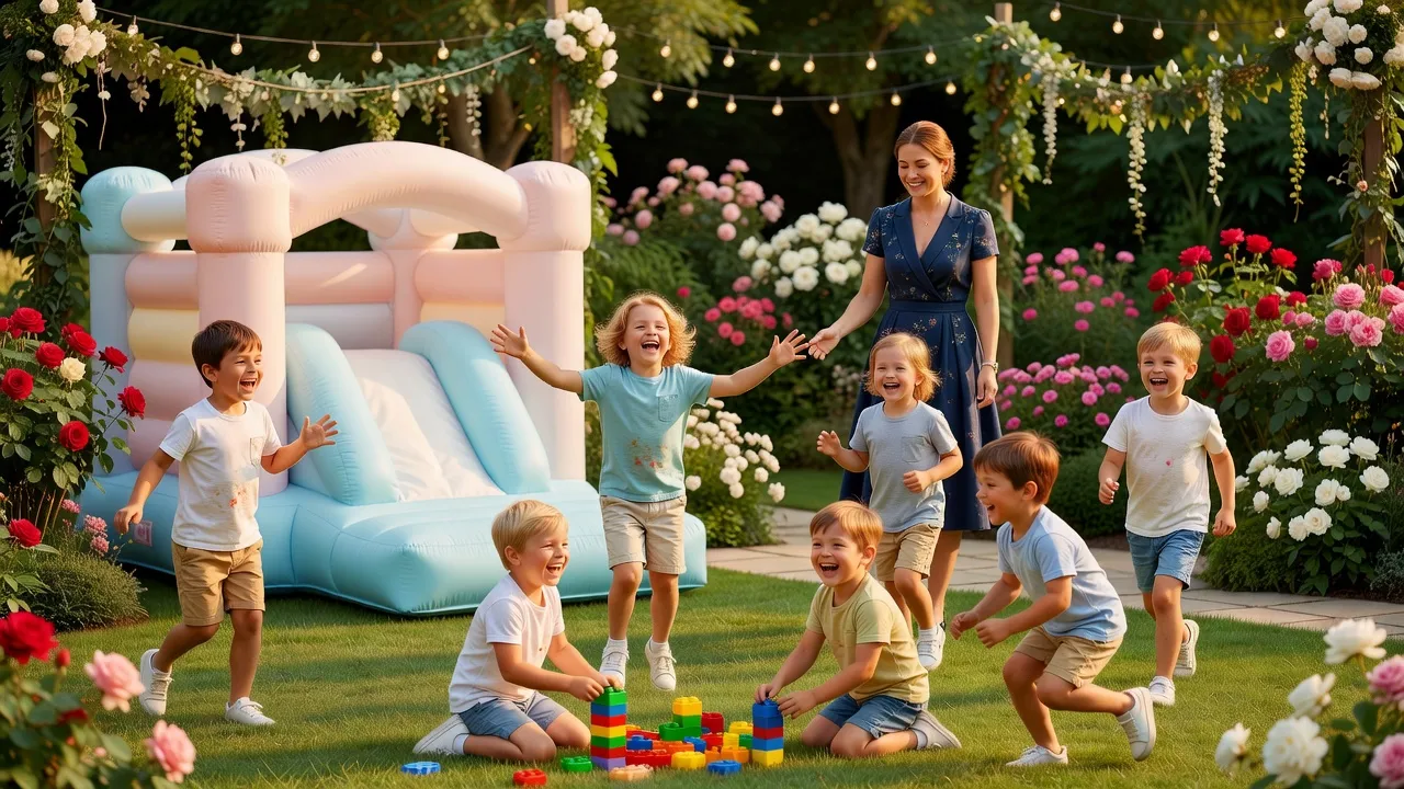 Enfants en train de jouer dans un espace kids club aménagé lors d'un mariage en extérieur