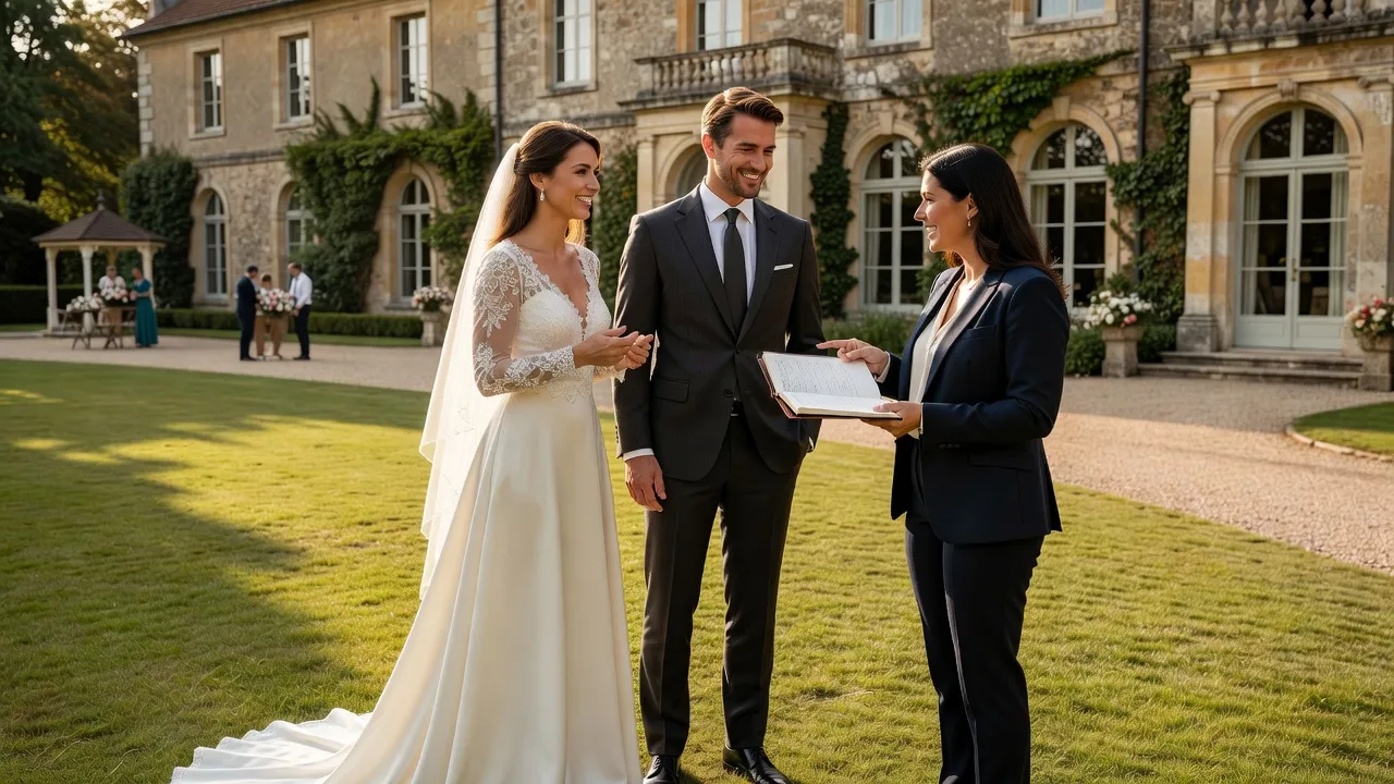 Couple de mariés souriant en discutant avec une organisatrice devant un planning de mariage