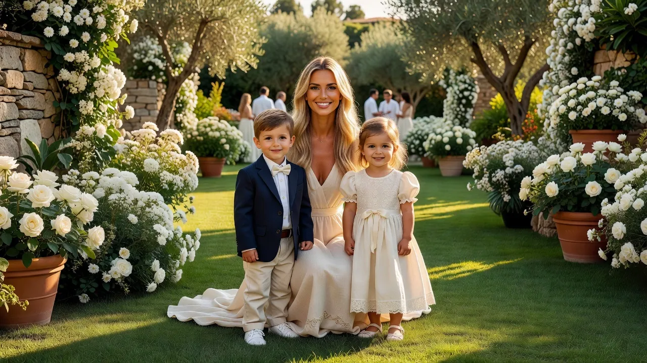 Animatrice souriante avec des enfants dans un jardin lors d'un mariage à l'étranger