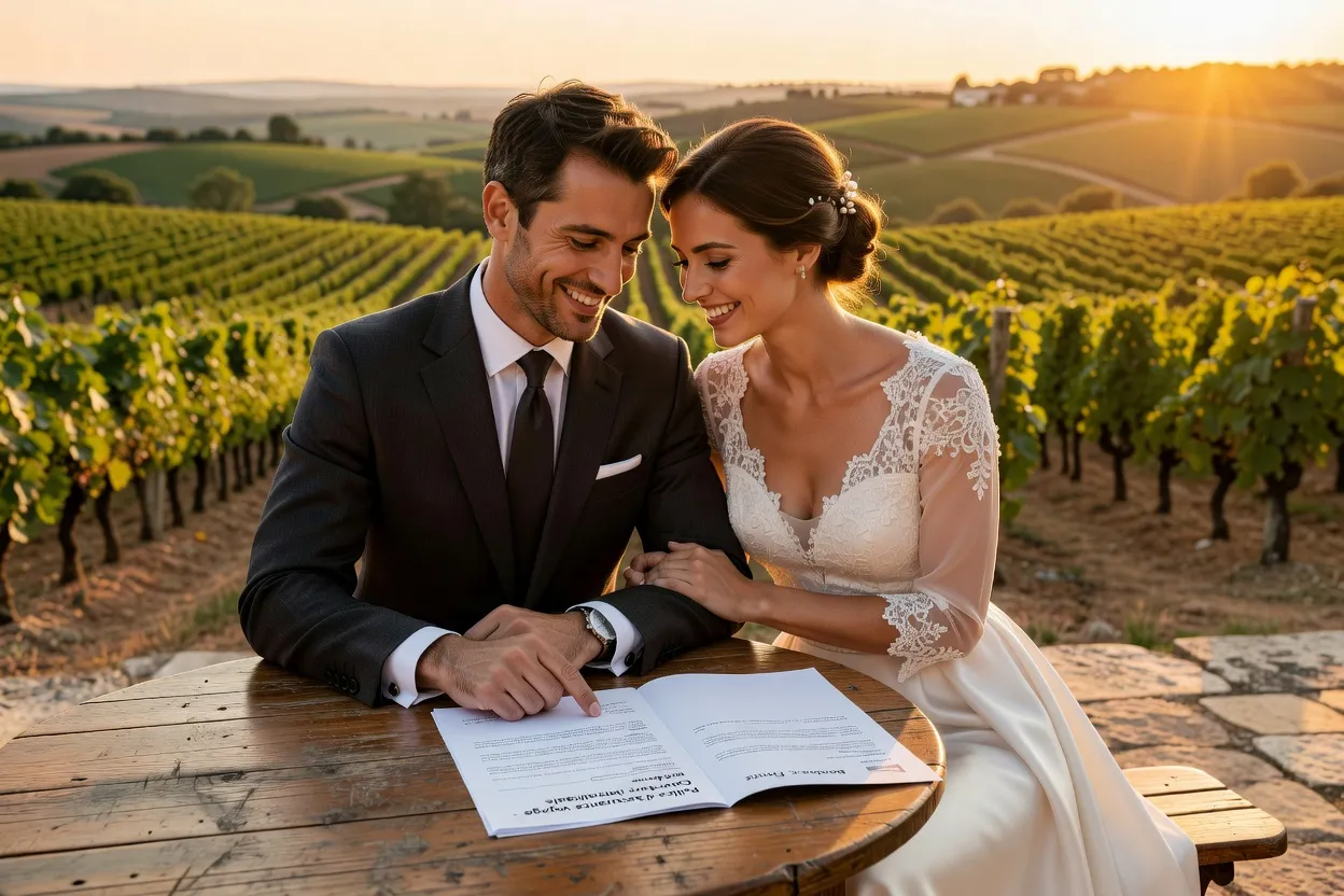 Couple consultant un contrat d'assurance voyage avant leur mariage à l'étranger