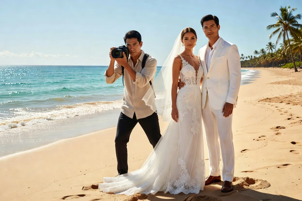 Photographe capturant un mariage à l'étranger sur une plage
