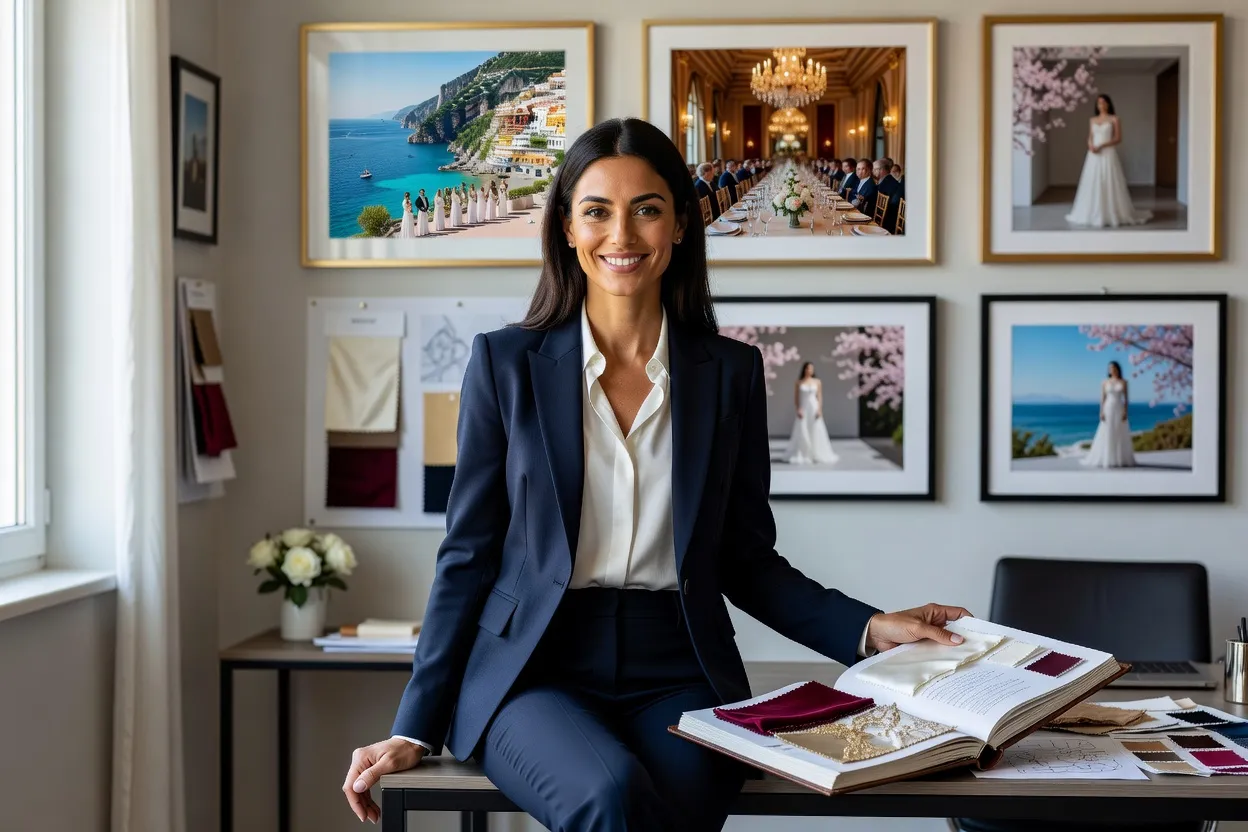 Wedding planner présentant un moodboard pour un mariage à l'étranger