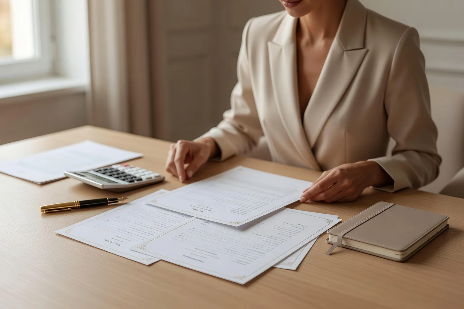 Plusieurs devis de mariage imprimés étalés sur une table en bois clair avec une calculatrice et un stylo plume