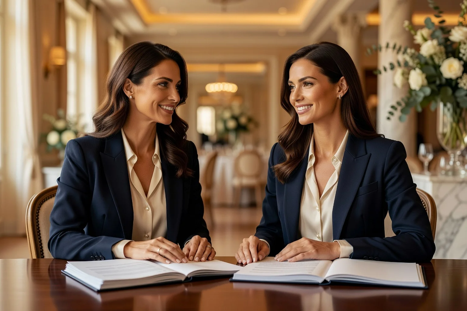 Future mariée en discussion avec une prestataire de mariage autour de documents ouverts dans une salle de réception