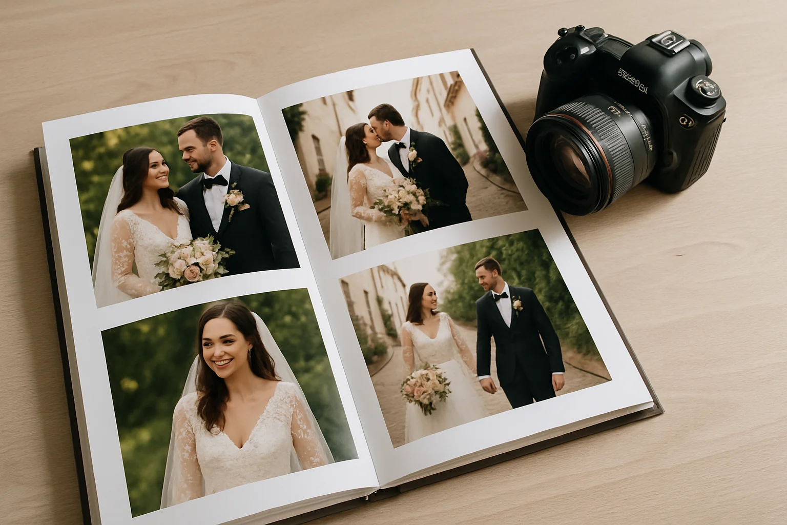Album photo de mariage et appareils d'un second photographe sur une table
