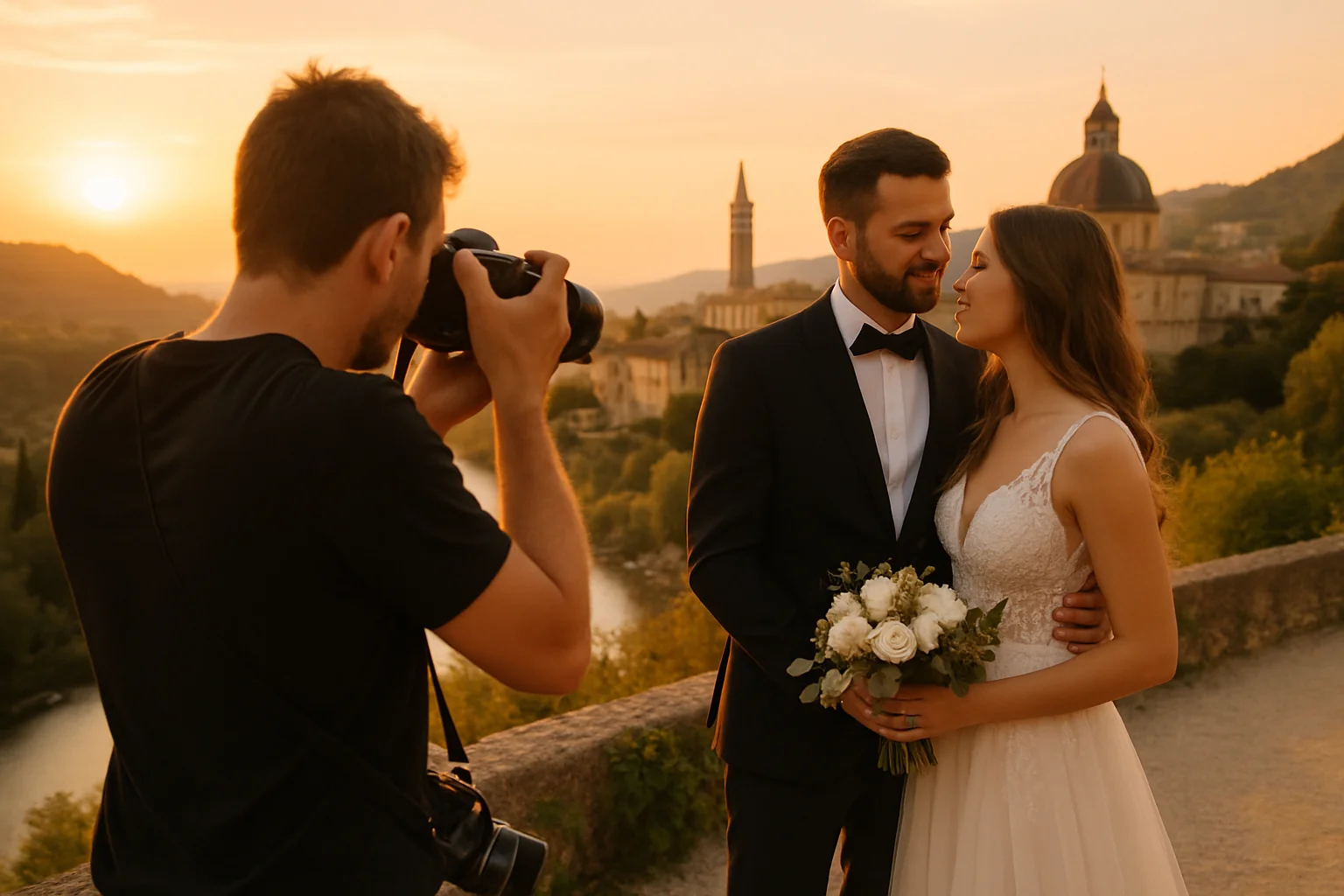Photographe de mariage en plein air réalisant des portraits d'un couple à l'étranger