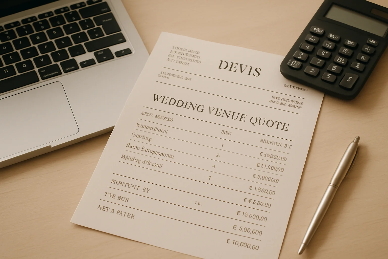 Devis détaillé de salle de mariage avec options incluses et suppléments