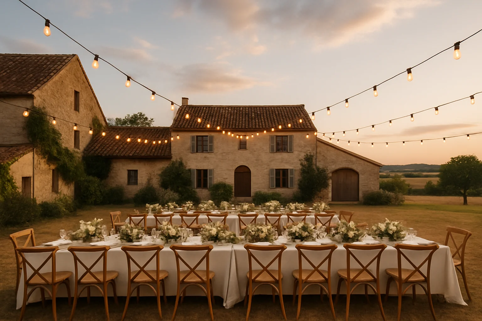 Domaine rustique avec réception de mariage en extérieur et guirlandes lumineuses