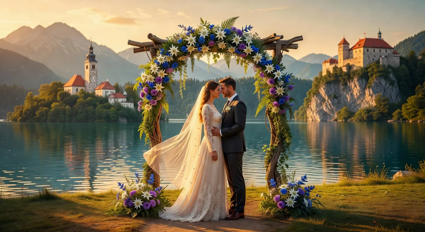 Cérémonie de mariage romantique en Slovénie, arche fleurie au bord d'un lac alpin