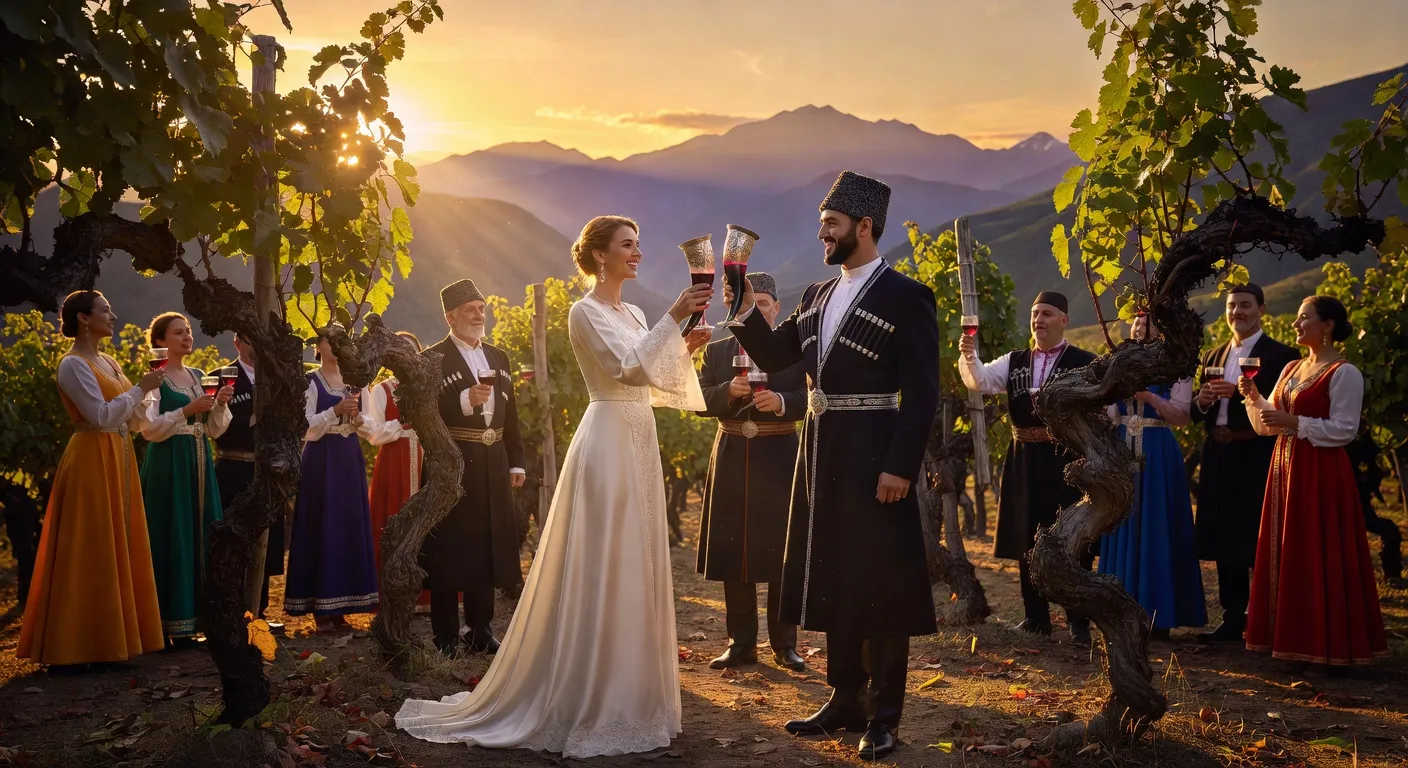 Mariage dans un vignoble géorgien du Kakhéti au coucher du soleil