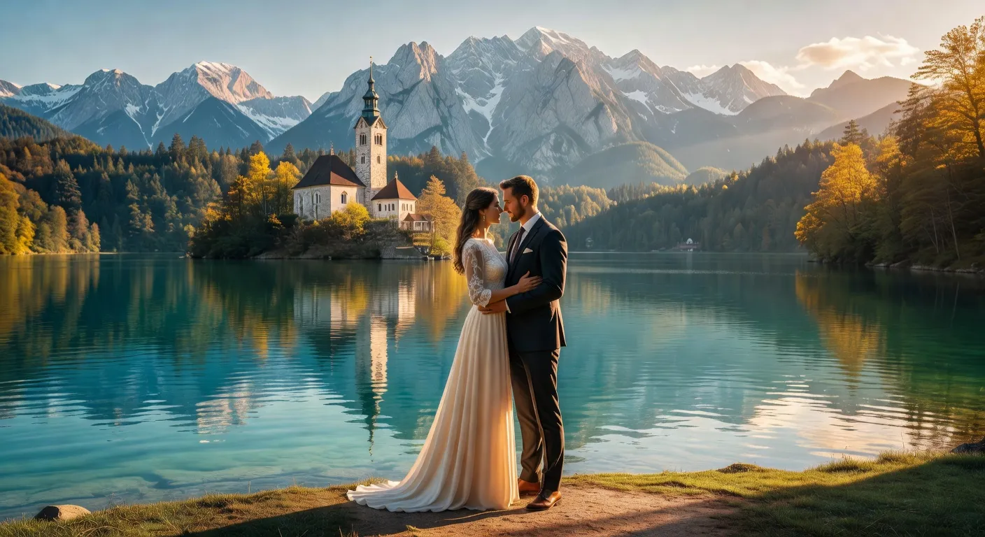 Mariage romantique devant le lac de Bled en Slovénie