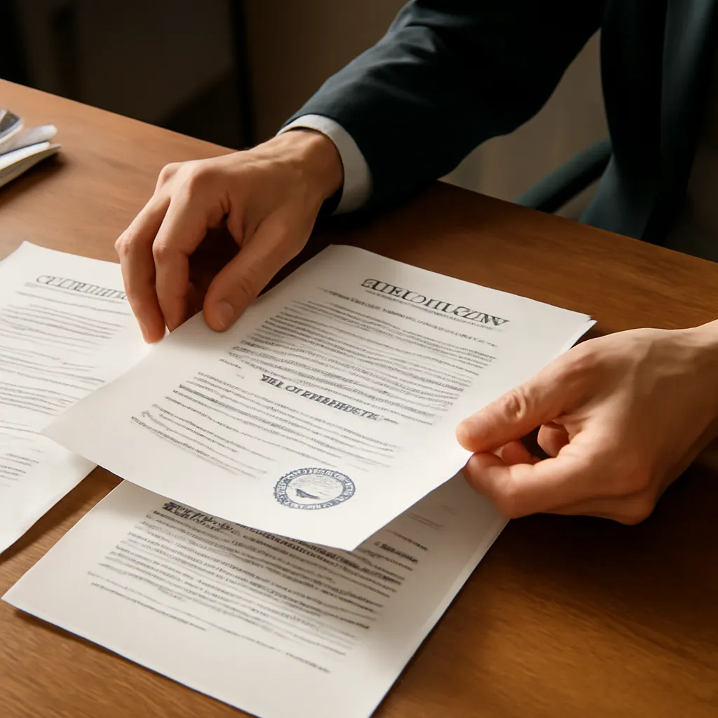 Traducteur assermenté examinant des documents officiels avec cachets