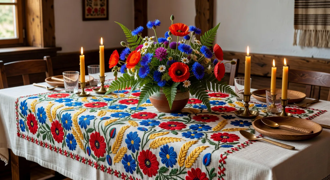 Décoration de salle de mariage style polonais — nappes brodées et bouquets des champs