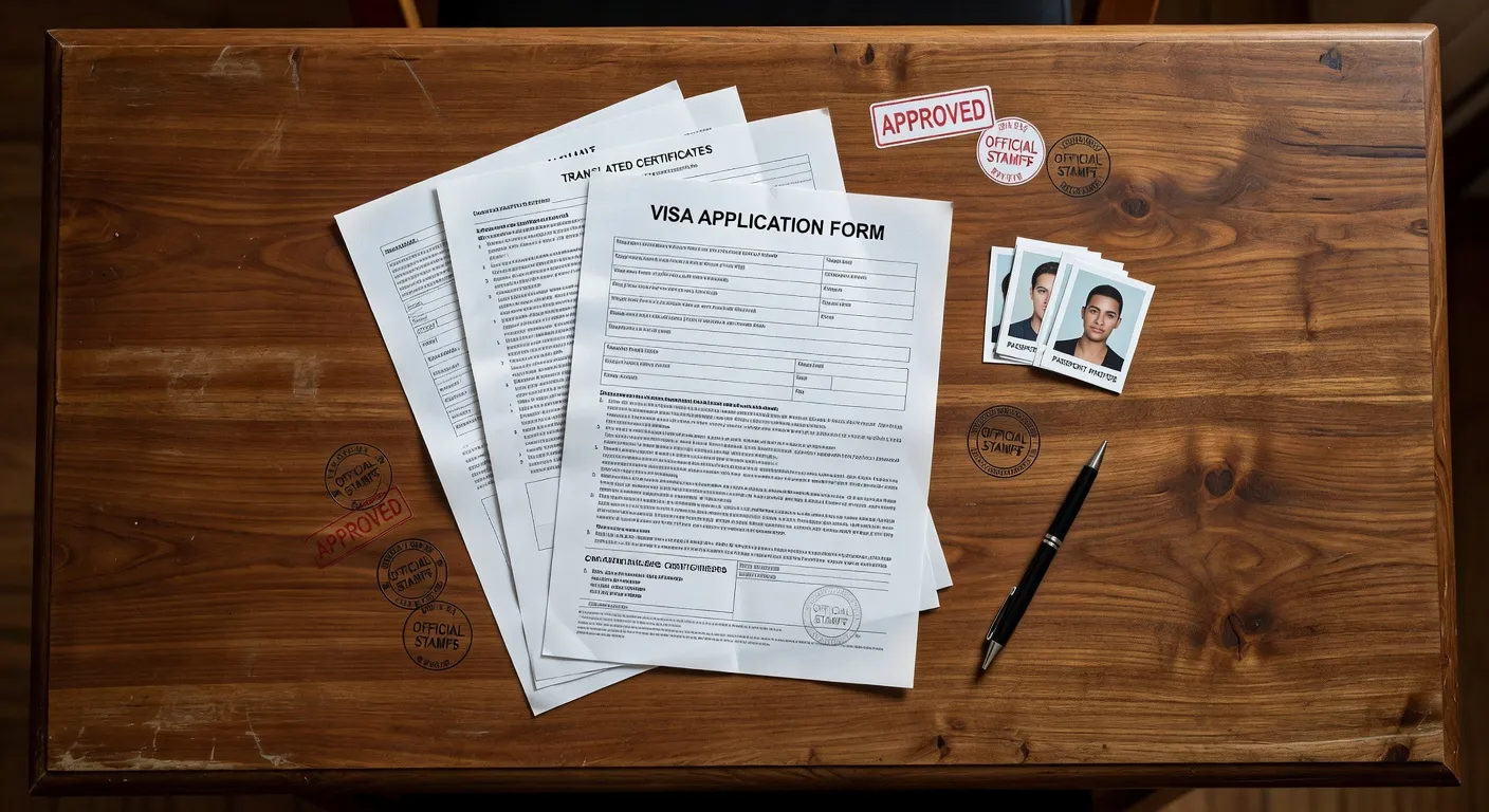 Dossier de demande de visa : documents officiels, tampons consulaires, traductions