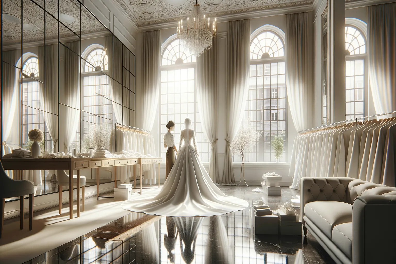 Essayage de robe de mariée à l'étranger