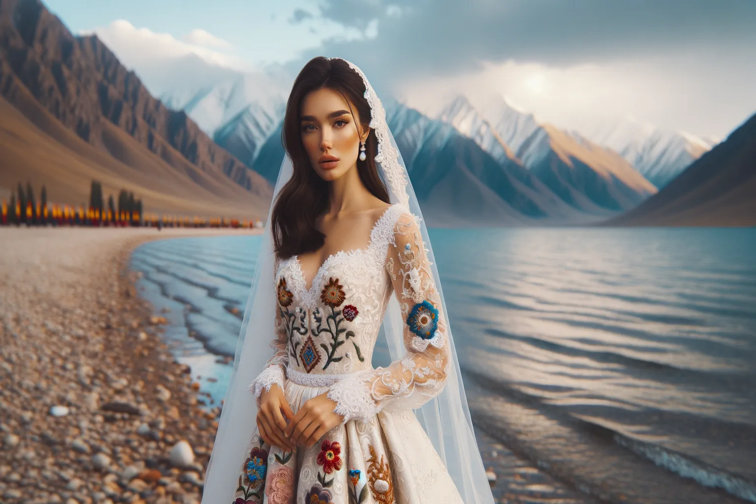 Mariée en robe de mariage en Kirghizistan