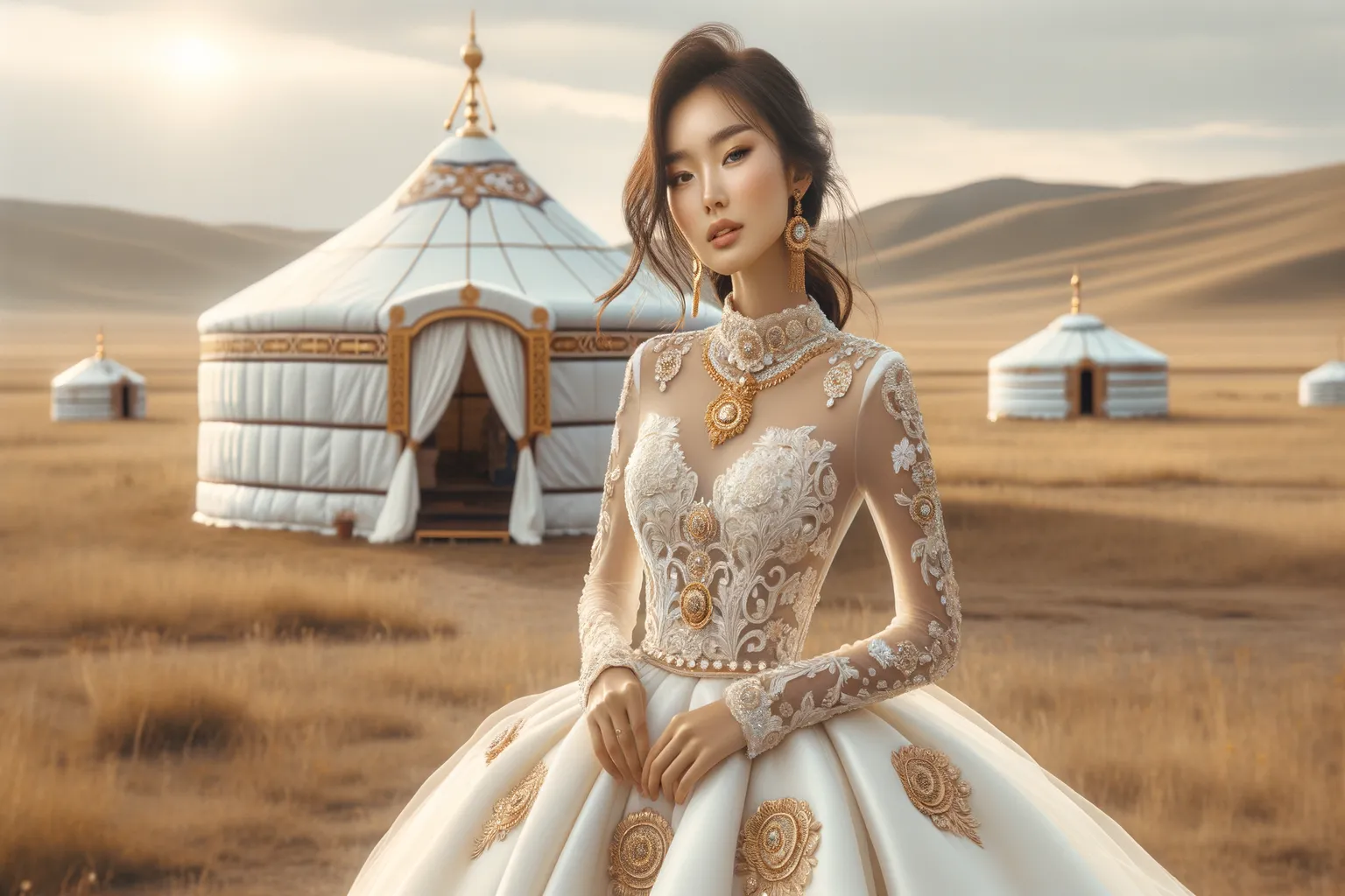 Mariée en robe de mariage en Mongolie