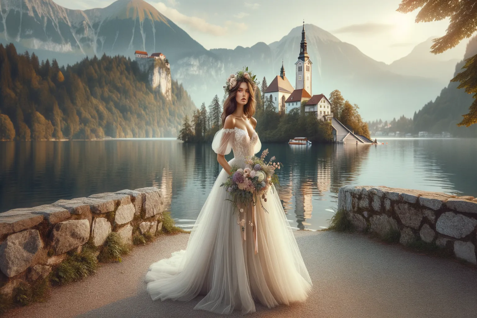 Mariée en robe de mariage en Slovénie